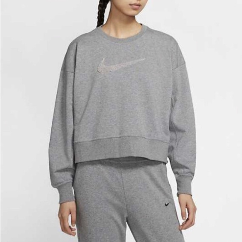 Nike Dri-Fit Get Fit Swoosh Training Crew Cropped Sweatshirt-Gray-Women Size XL